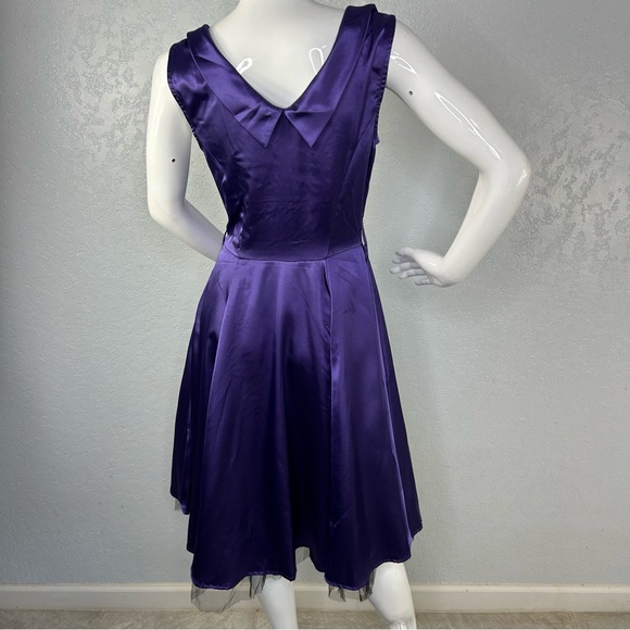H & R London Purple Satin Retro Pin Up Style Fit Flare Tea Length Dress US 6 - Picture 5 of 15